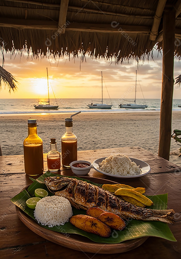 Bela refeição trópical sobre mesa de madeira em uma linda praia