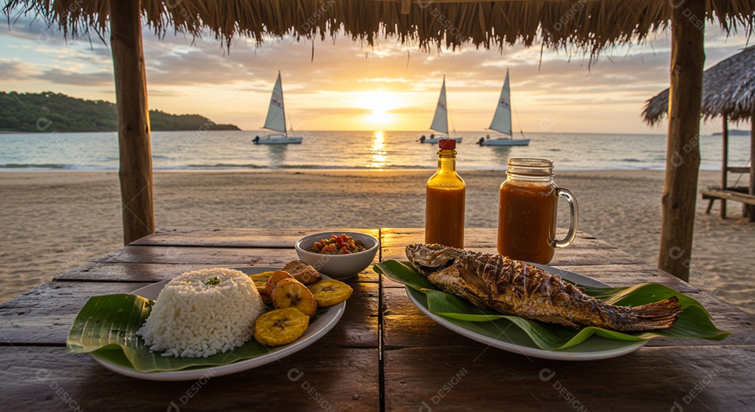 Bela refeição trópical sobre mesa de madeira em uma linda praia