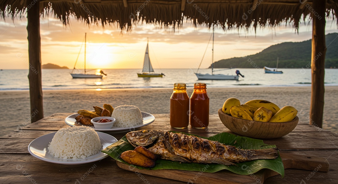 Bela refeição trópical sobre mesa de madeira em uma linda praia