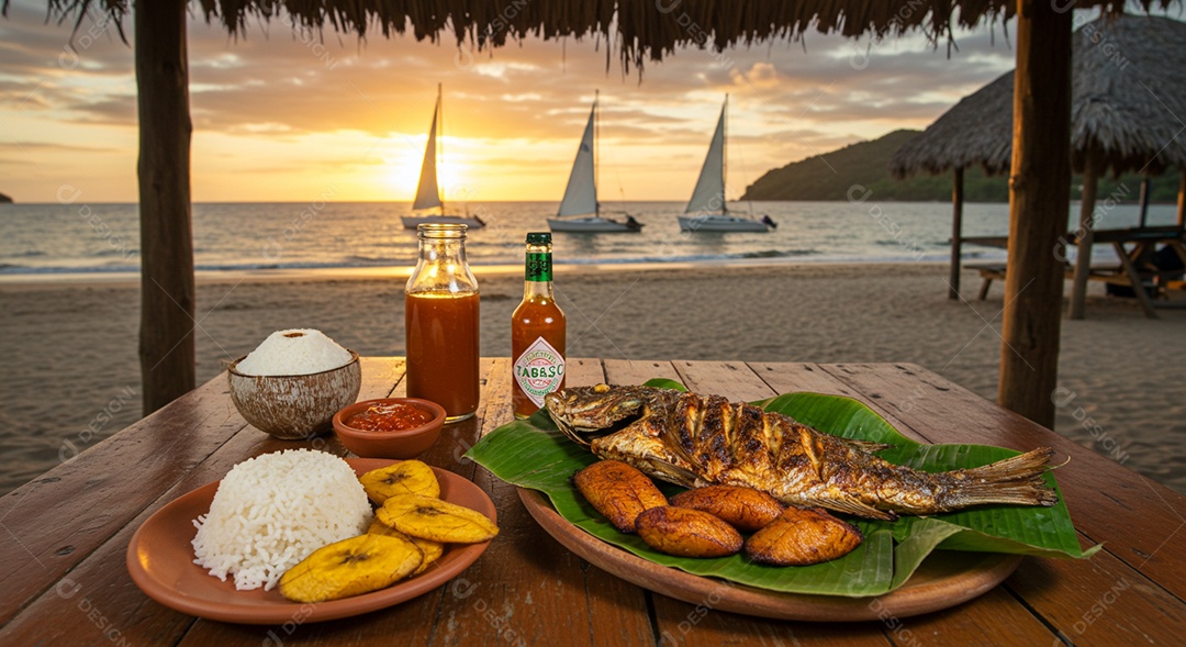 Bela refeição trópical sobre mesa de madeira em uma linda praia