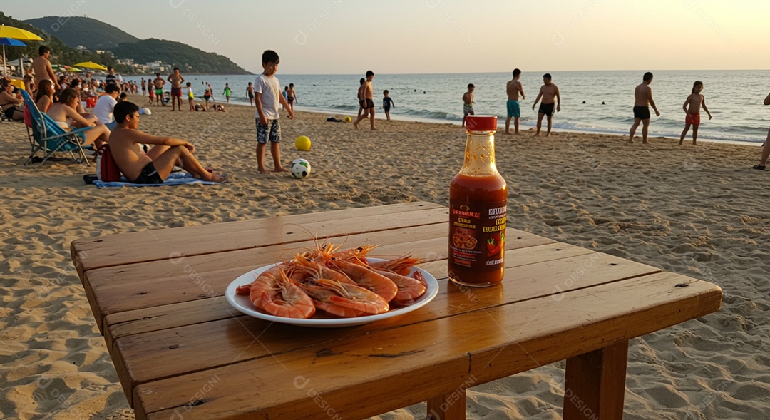 Belos petisco de camarão sobre mesa de madeira em uma linda praia com banhistas