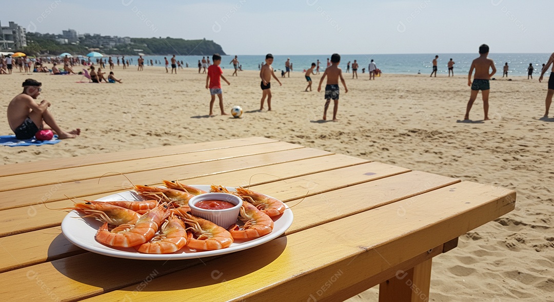Belos petisco de camarão sobre mesa de madeira em uma linda praia com banhistas