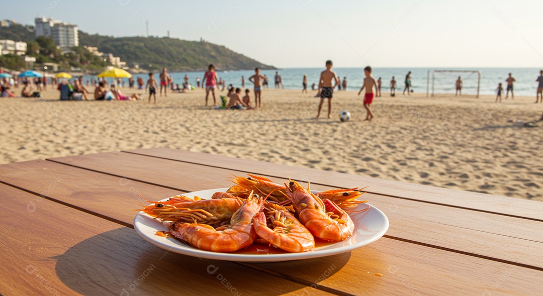 Belos petisco de camarão sobre mesa de madeira em uma linda praia com banhistas