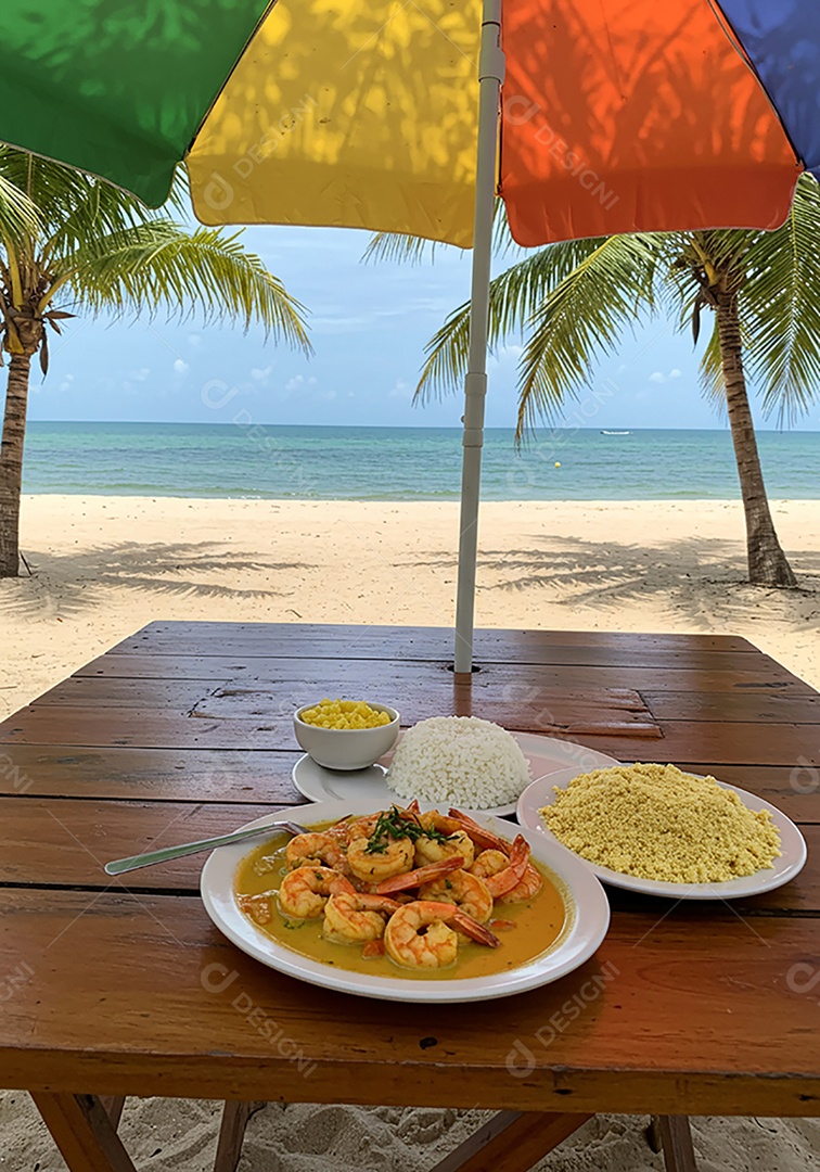 Belo camarão ao molho sobre mesa de madeira em uma linda praia