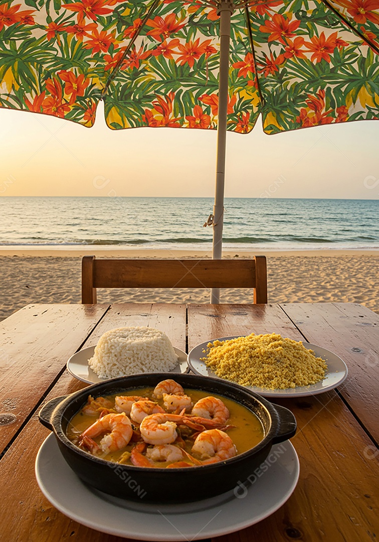 Belo camarão ao molho sobre mesa de madeira em uma linda praia