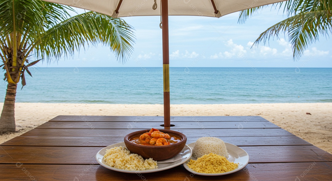 Belo camarão ao molho sobre mesa de madeira em uma linda praia
