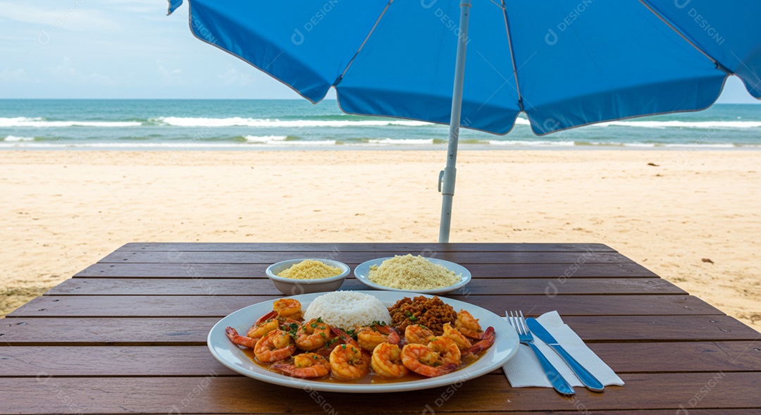 Belos petisco de camarão sobre mesa de madeira em uma linda praia