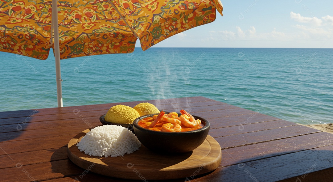 Belo camarão ao molho sobre mesa de madeira em uma linda praia