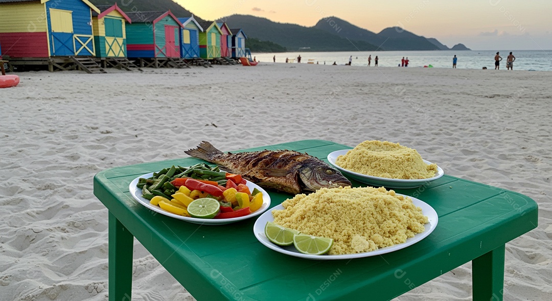 Bela refeição trópical sobre mesa de plástico em uma linda praia com banhistas