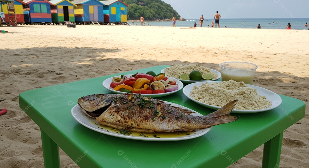Bela refeição trópical sobre mesa de plástico em uma linda praia com banhistas