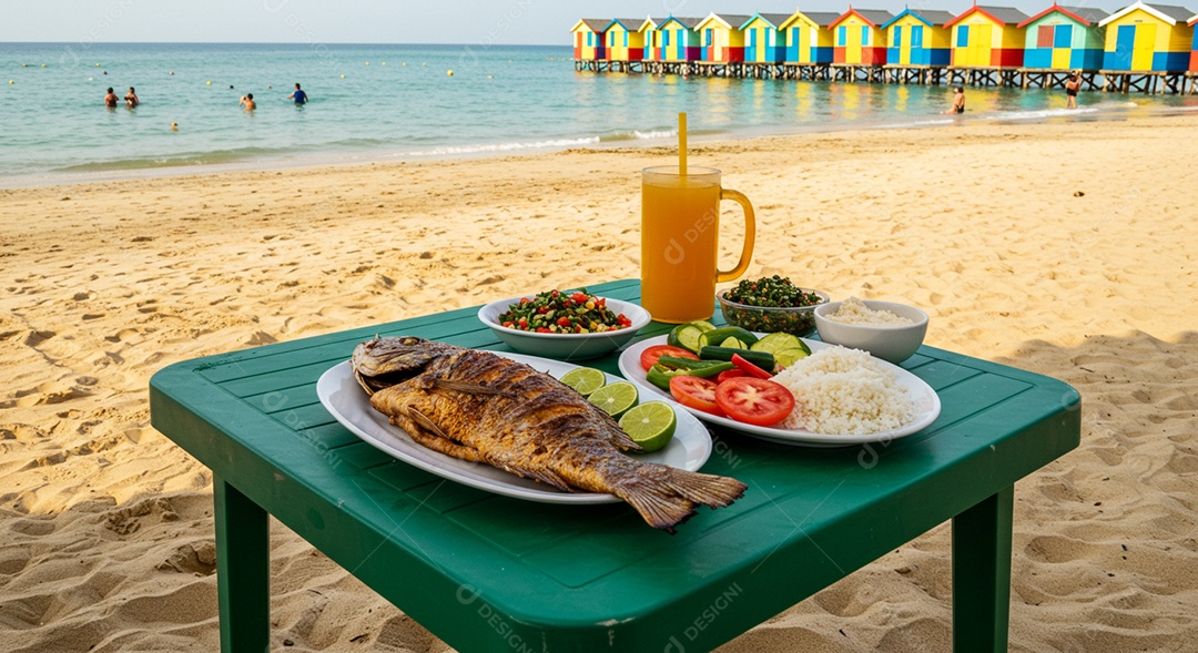 Bela refeição trópical sobre mesa de plástico em uma linda praia