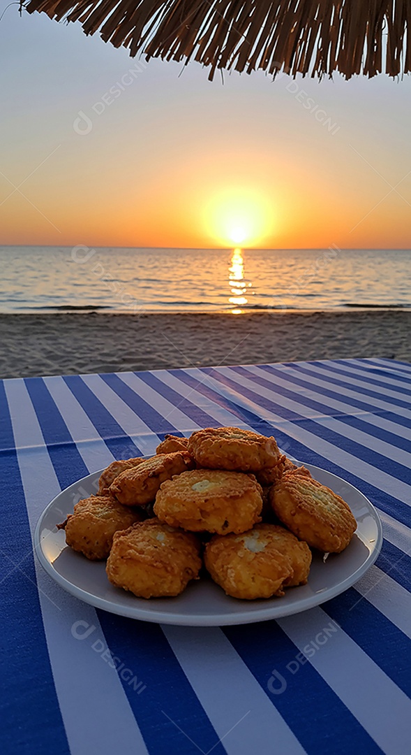 Belos petisco trópical sobre mesa de madeira com pôr do sol em uma linda praia