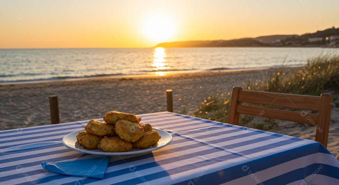 Belos petisco trópical sobre mesa de madeira com pôr do sol em uma linda praia