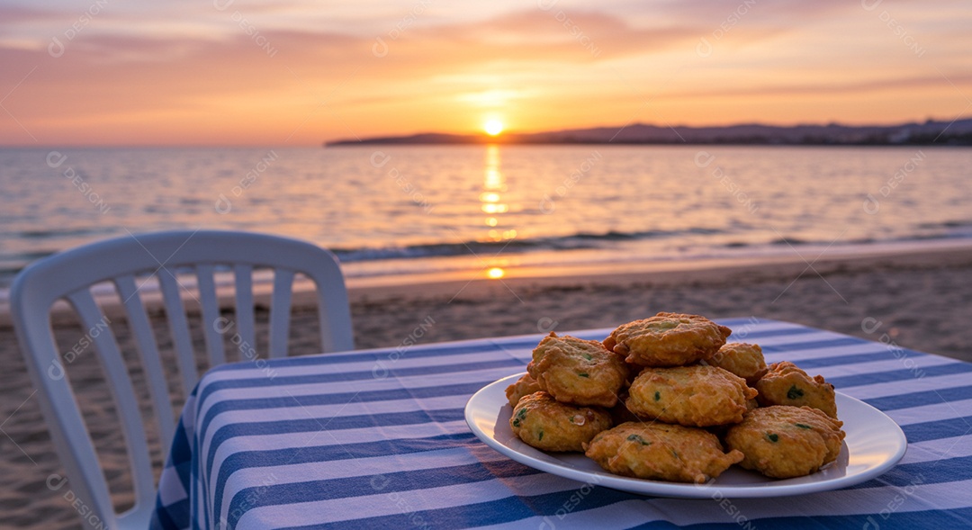 Belos petisco trópical sobre mesa de plástico com pôr do sol em uma linda praia
