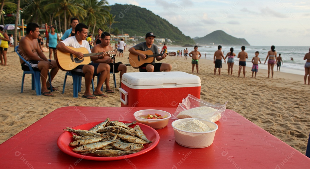 Belos petisco trópical com molhos sobre mesa de plástico em uma linda praia com banhistas