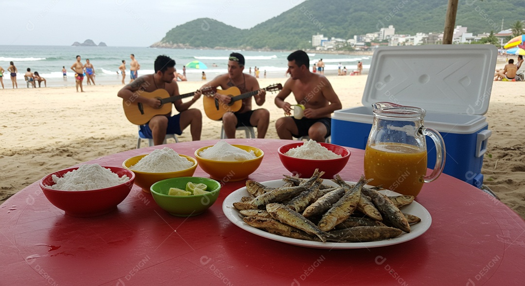Belos petisco trópical com molhos sobre mesa de plástico em uma linda praia com banhistas