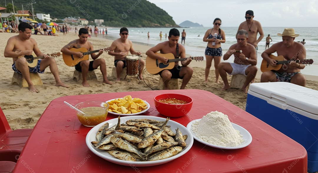 Belos petisco trópical com molhos sobre mesa de plástico em uma linda praia com banhistas