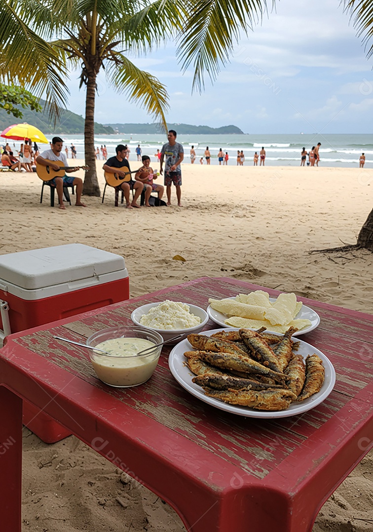 Belos petisco trópical com molhos sobre mesa de madeira em uma linda praia com banhistas