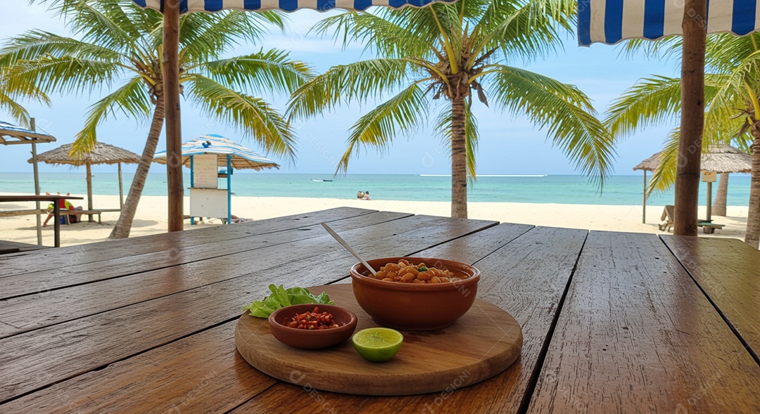 Bela refeição trópical sobre mesa de madeira em uma linda praia