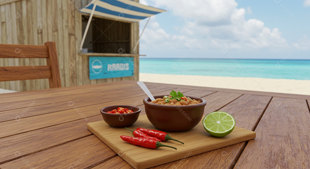 Bela refeição trópical sobre mesa de madeira em uma linda praia