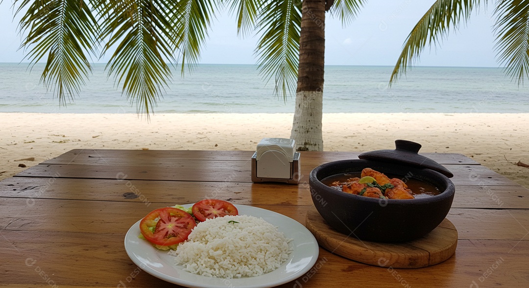 Bela refeição trópical sobre mesa de madeira em uma linda praia