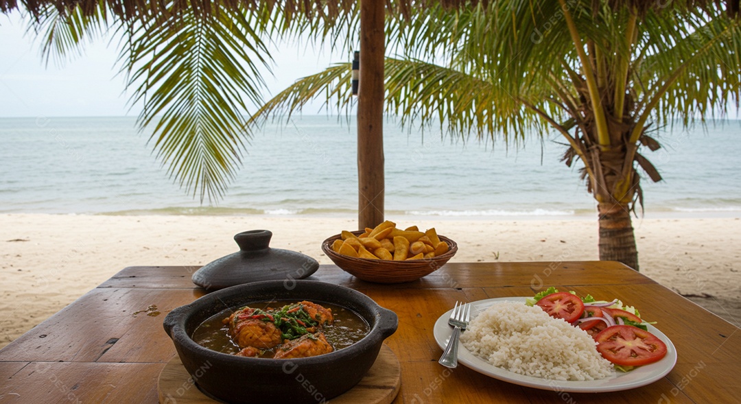 Bela refeição trópical sobre mesa de madeira em uma linda praia