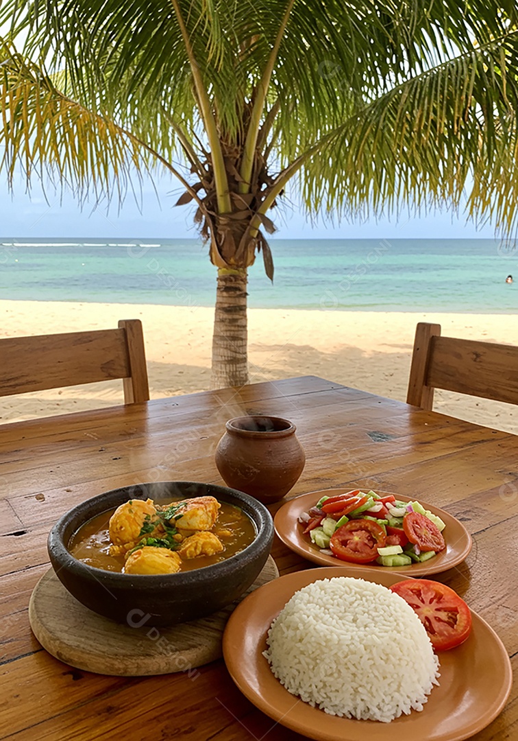 Bela refeição trópical sobre mesa de madeira em uma linda praia