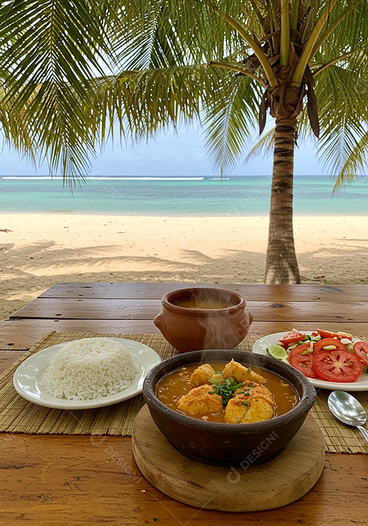 Bela refeição trópical sobre mesa de madeira em uma linda praia