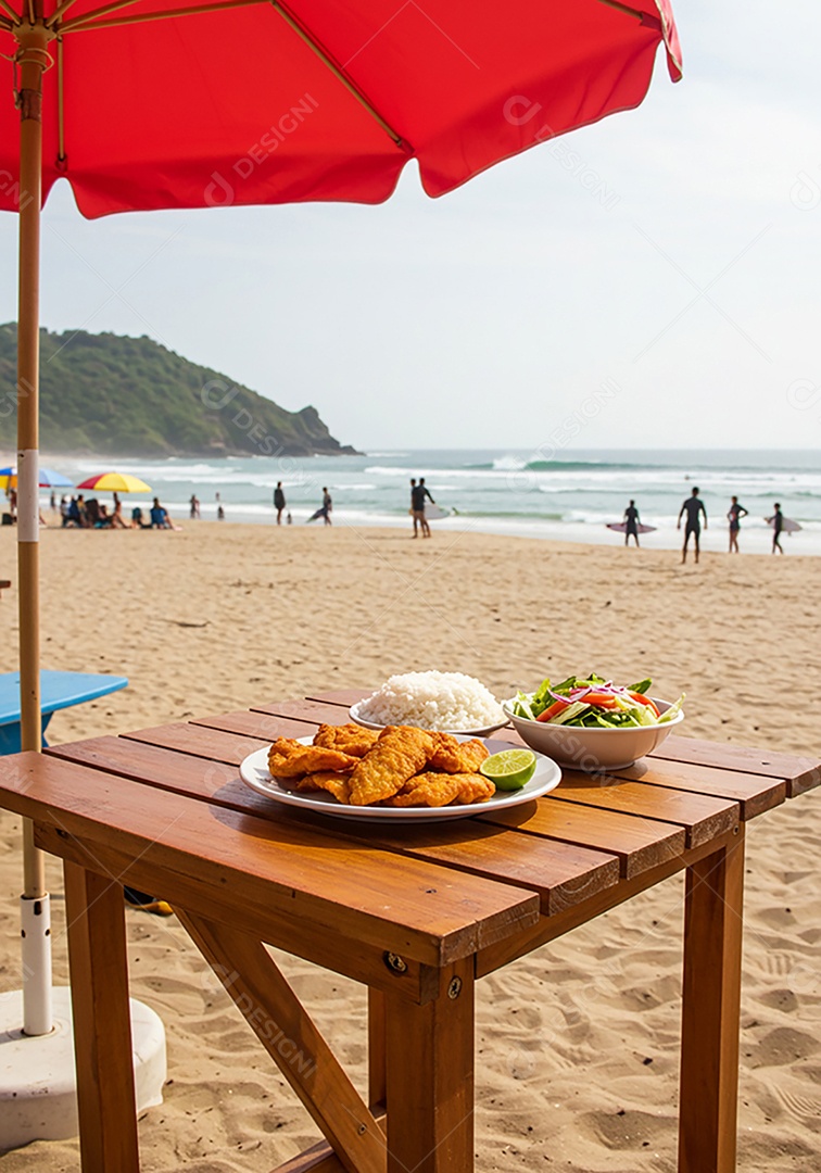 Bela refeição sobre mesa de madeira em uma linda praia com banhistas