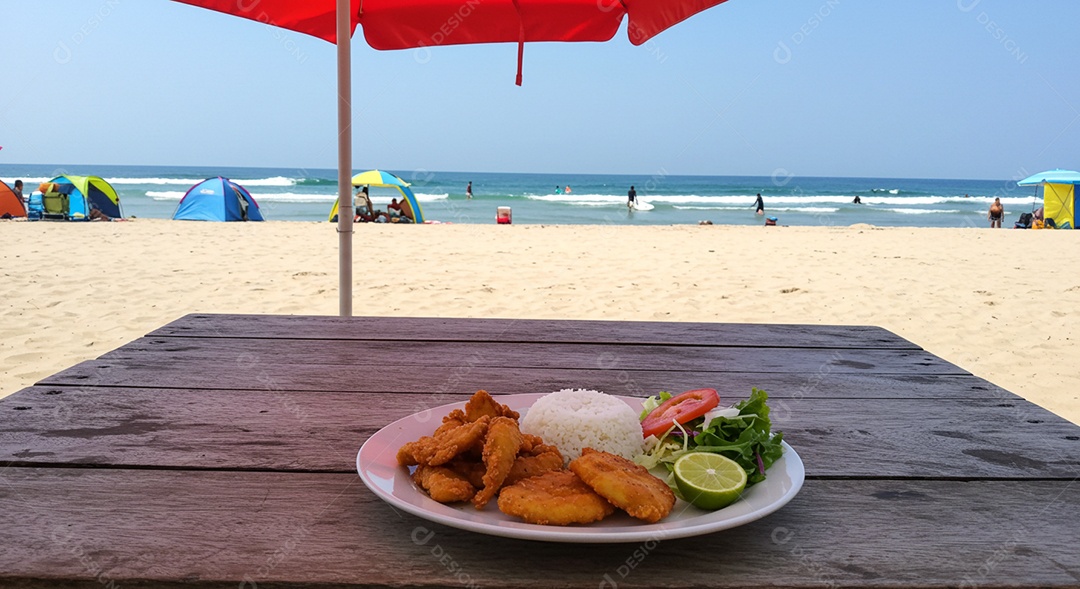 Bela refeição sobre mesa de madeira em uma linda praia com banhistas