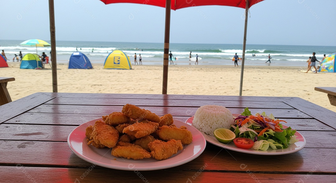 Belos petiscos trópical em um prato sobre mesa em uma linda praia