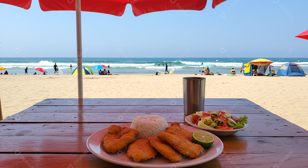 Belos petiscos trópical em um prato sobre mesa em uma linda praia