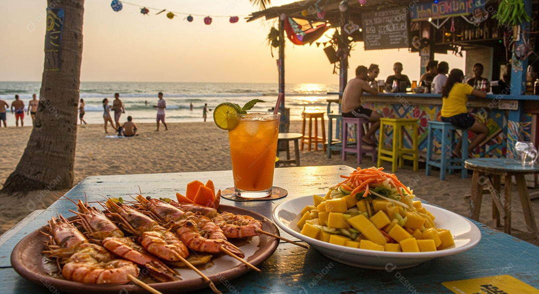 Belos espetinhos de camarão sobre mesa em uma linda praia com banhistas