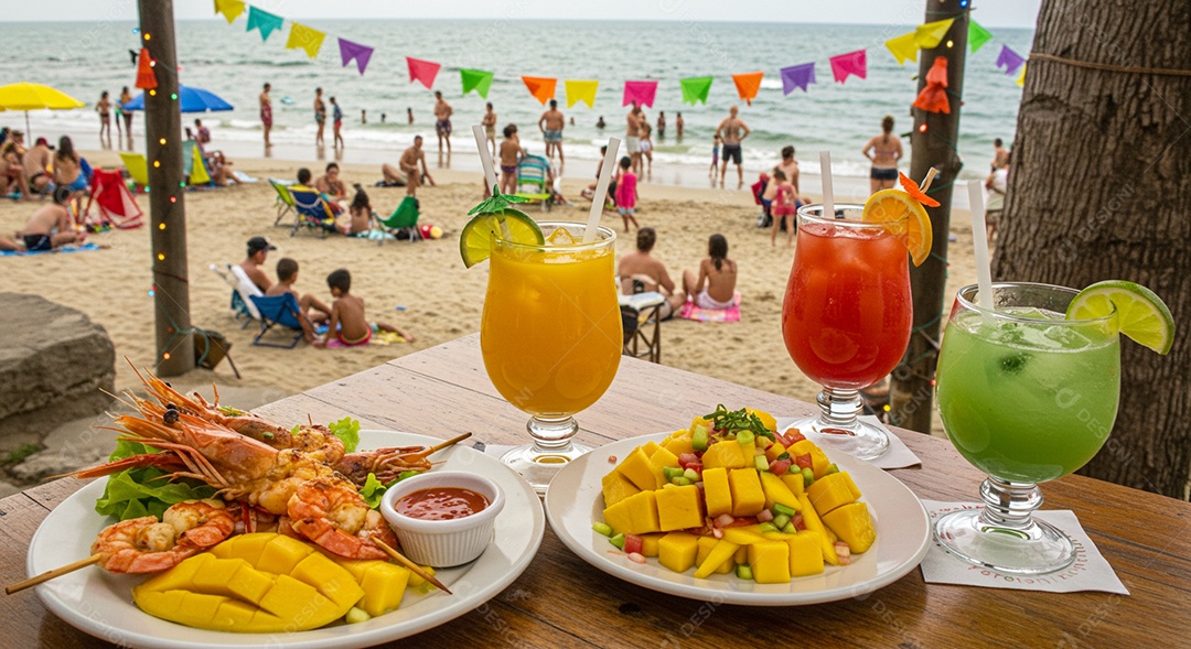 Belos espetinhos de camarão sobre mesa em uma linda praia com banhistas