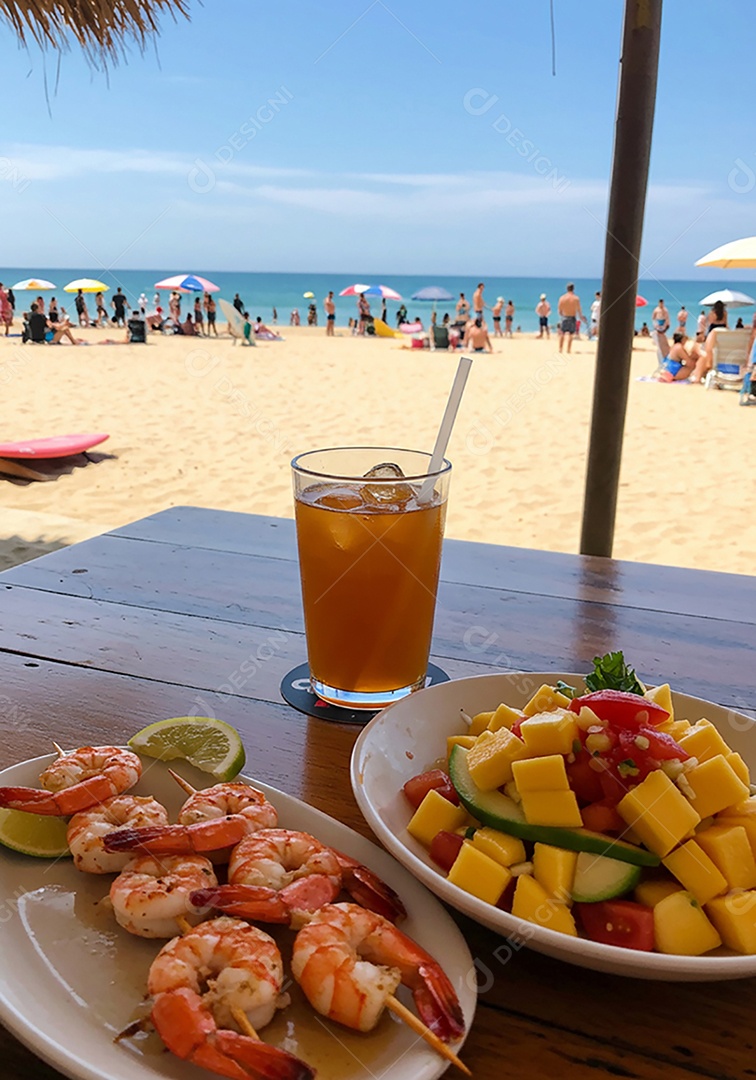 Belos espetinhos de camarão sobre mesa em uma linda praia com banhistas