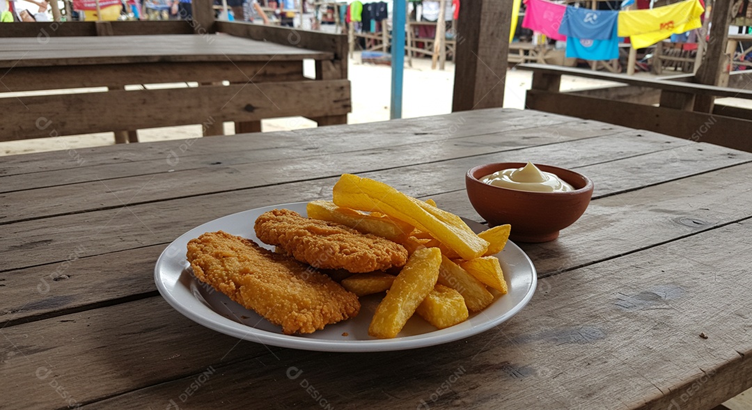 Belos petiscos trópical em um prato sobre mesa em uma linda praia