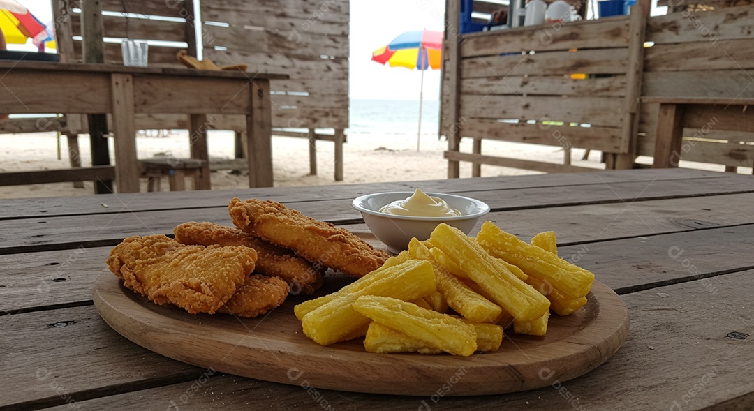 Belos petiscos trópical em um prato sobre mesa em uma linda praia