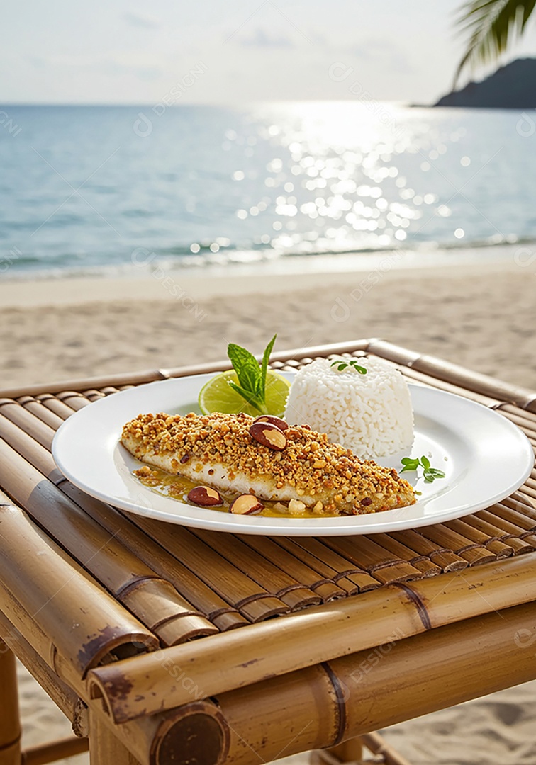 Bela refeição trópical em prato sobre mesa em uma linda praia