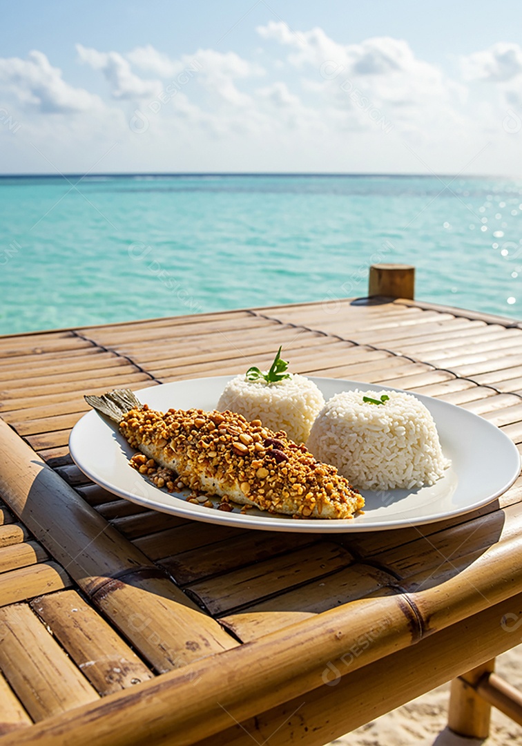 Bela refeição trópical em prato sobre mesa em uma linda praia