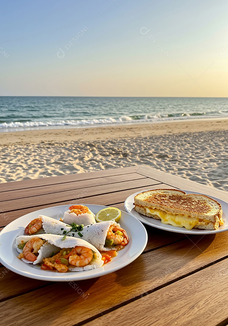 Belos lanches trópical em pratos sobre mesa em uma linda praia