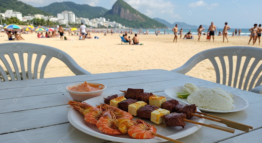 Belos espetinhos em tábua sobre mesa em uma linda praia com banhistas