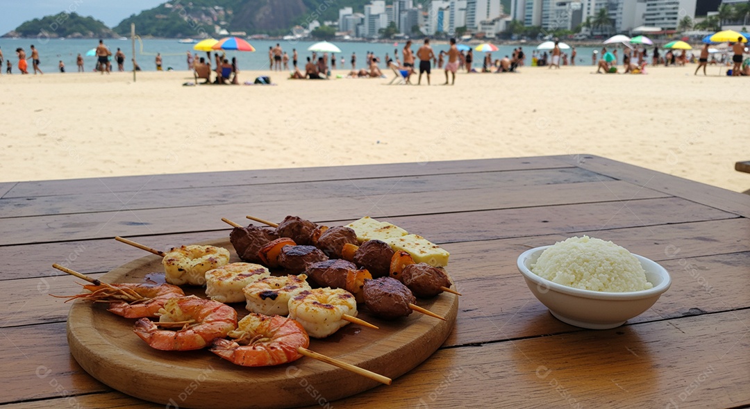 Belos espetinhos em tábua sobre mesa em uma linda praia com banhistas
