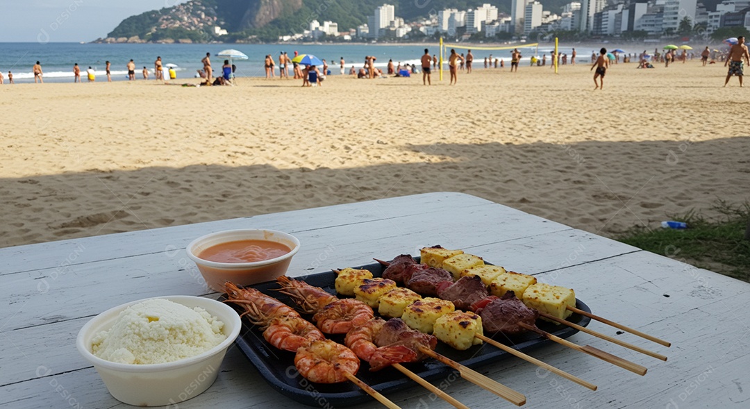 Belos espetinhos em tábua sobre mesa em uma linda praia com banhistas