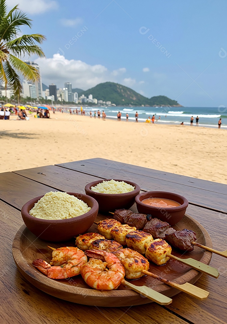 Belos espetinhos em tábua sobre mesa em uma linda praia com banhistas
