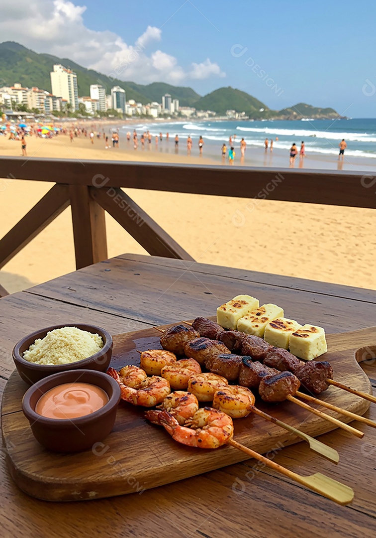Belos espetinhos em tábua sobre mesa em uma linda praia com banhistas
