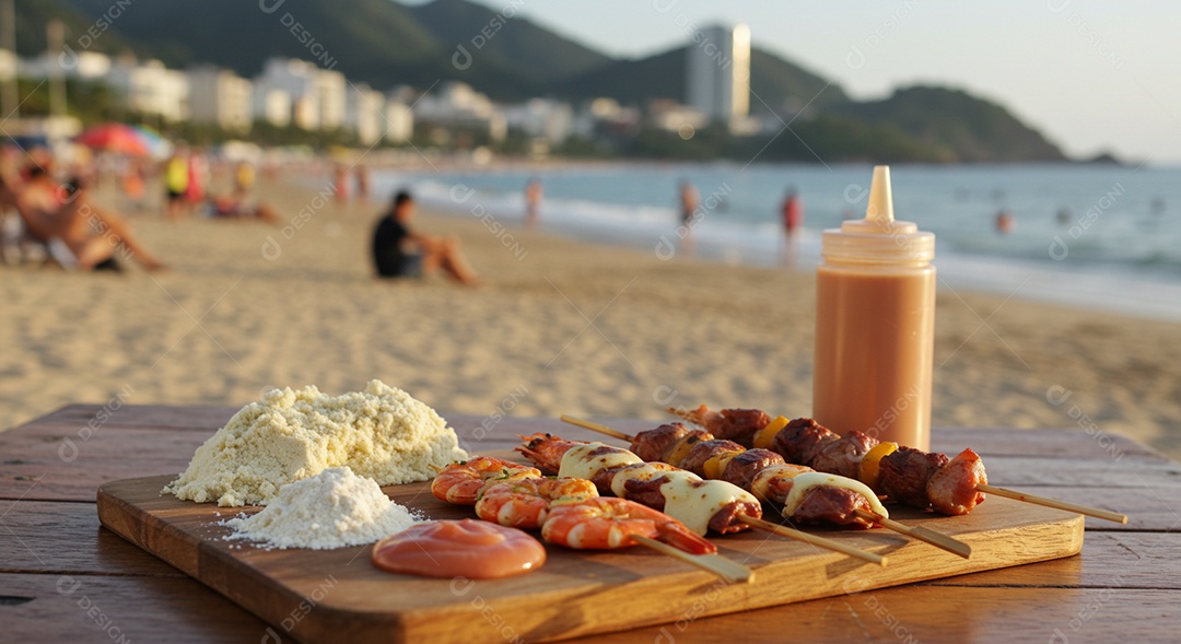 Belos espetinhos em tábua sobre mesa em uma linda praia com banhistas