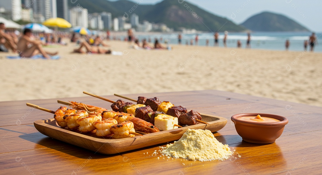 Belos espetinhos em tábua sobre mesa em uma linda praia com banhistas
