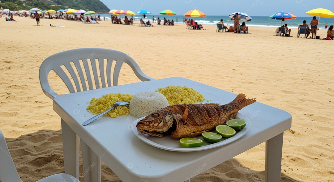 Bela refeição sobre mesa de plástico em uma linda praia com banhistas