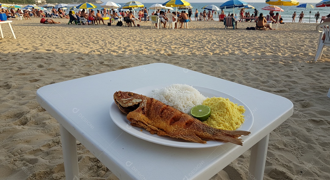 Bela refeição sobre mesa de plástico em uma linda praia com banhistas