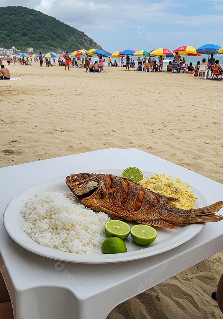 Bela refeição sobre mesa de plástico em uma linda praia com banhistas
